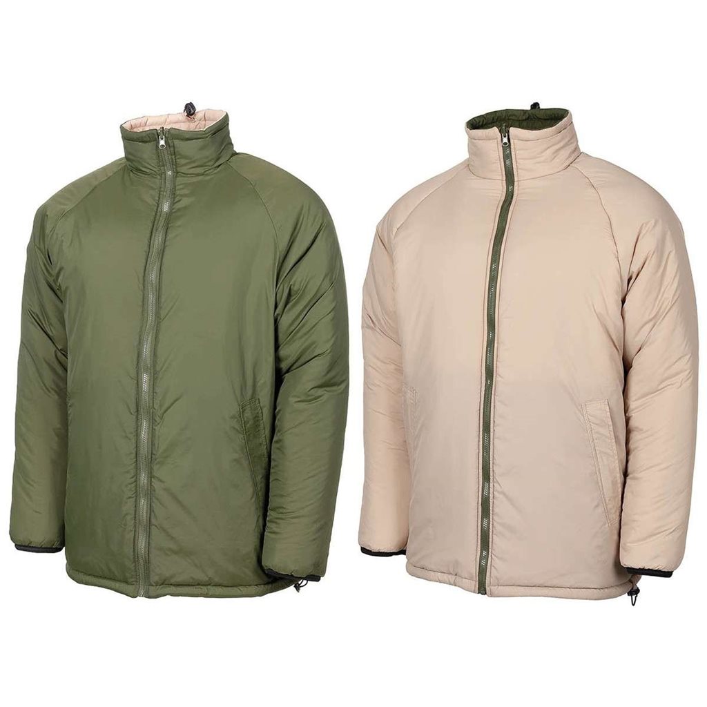 Chaqueta reversible MFH verde y arena con cremallera y bolsillos