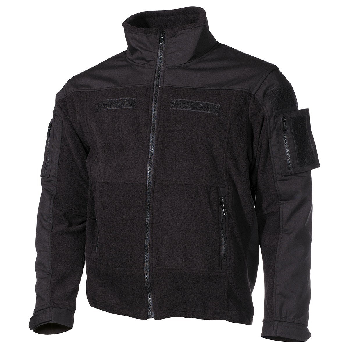 Chaqueta táctica polar COMBAT negra MFH con 4 bolsillos con cremallera YKK, refuerzos rip-stop y ventilación en axilas