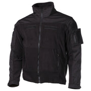 Chaqueta táctica polar COMBAT negra MFH con 4 bolsillos con cremallera YKK, refuerzos rip-stop y ventilación en axilas