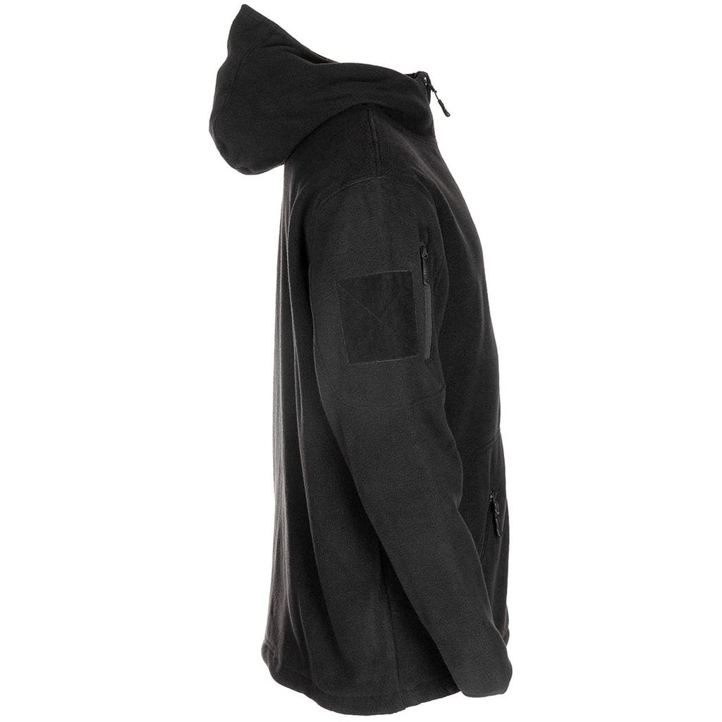 Sudadera táctica negra con capucha y cremallera en polyester fleece