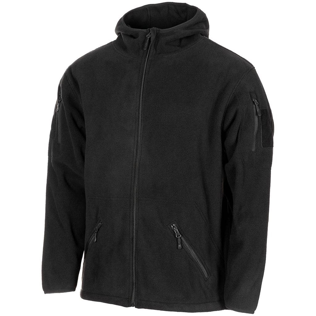 Sudadera táctica negra con capucha y cremallera en polyester fleece