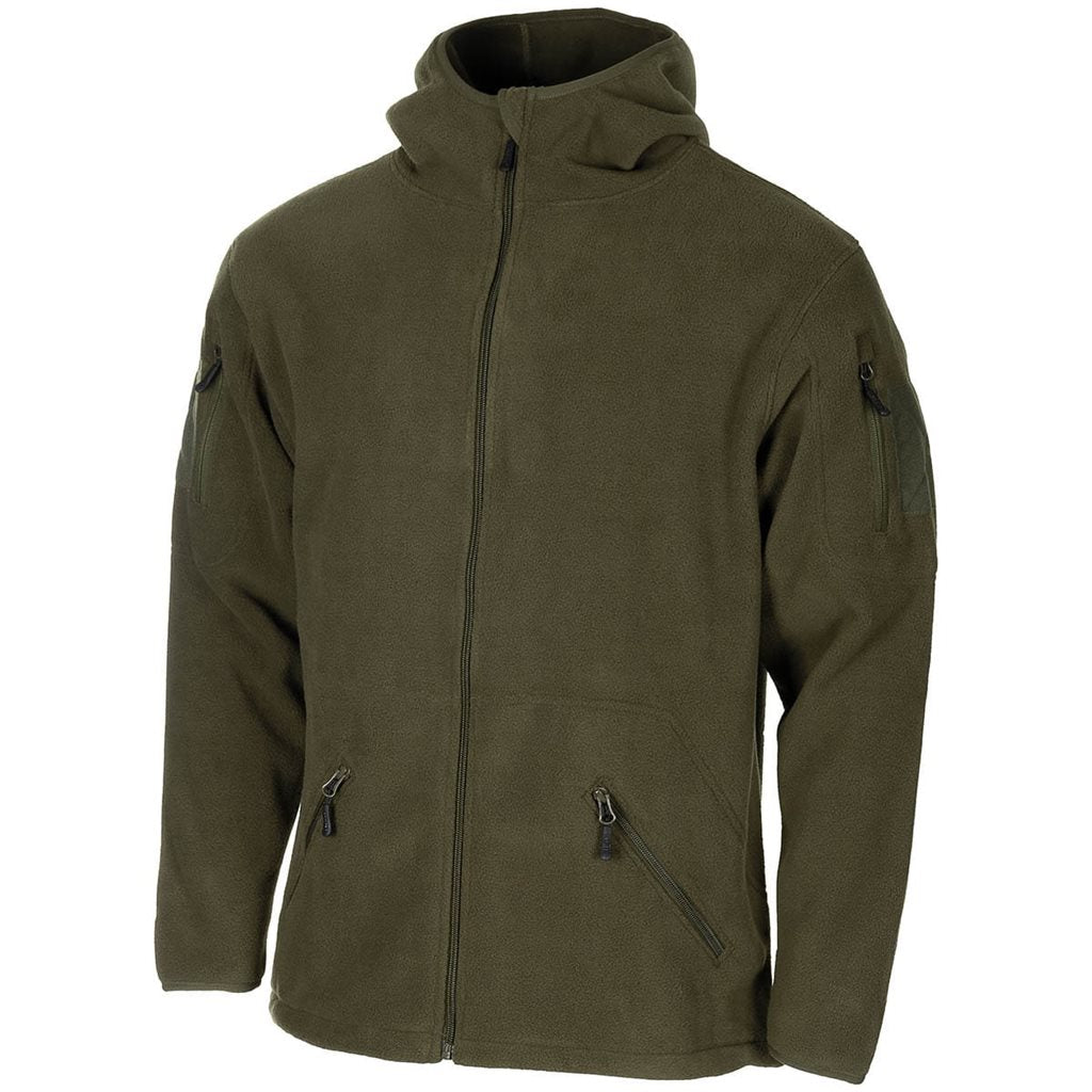 Sudadera fleece con cremallera y capucha, polyester agradable al tacto, verde táctico