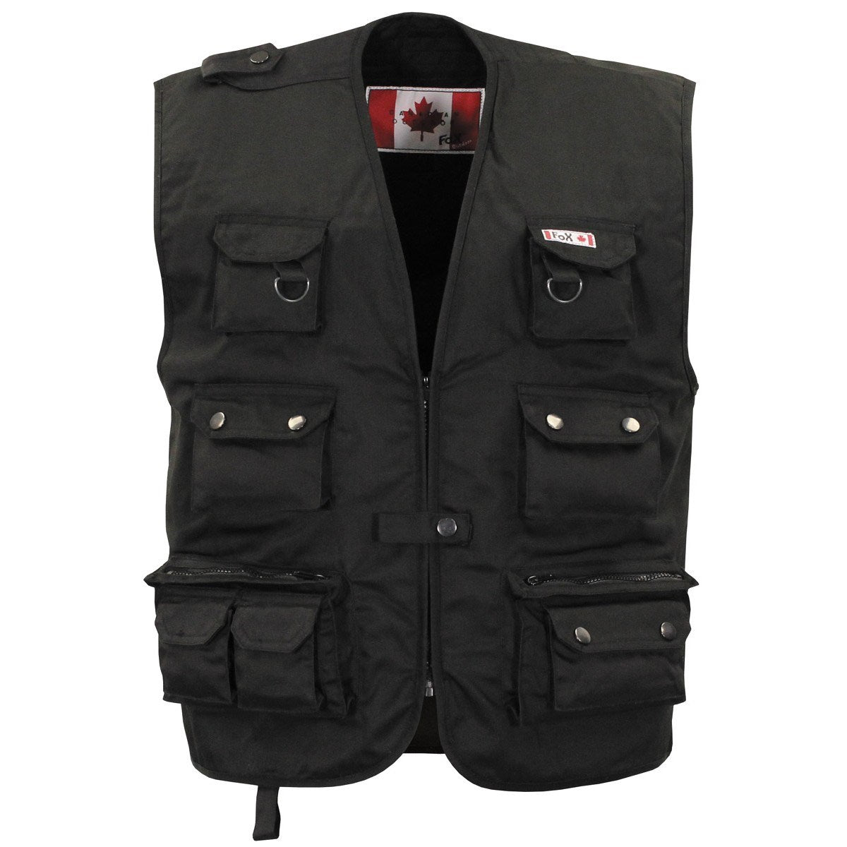 Chaleco outdoor negro multifuncional con múltiples bolsillos, 65% poliéster 35% algodón