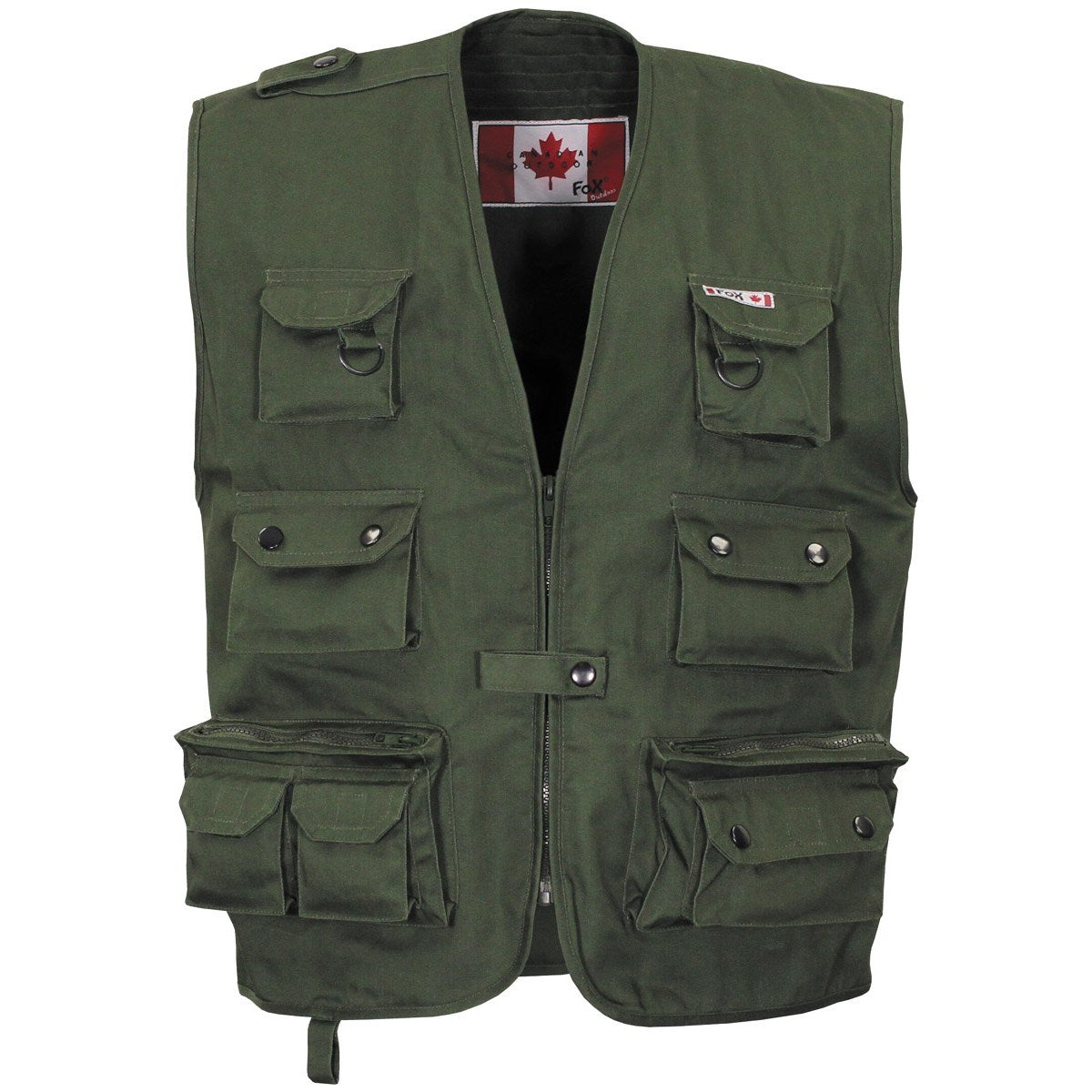 Chaleco OUTDOOR verde con múltiples bolsillos, 65% poliéster 35% algodón