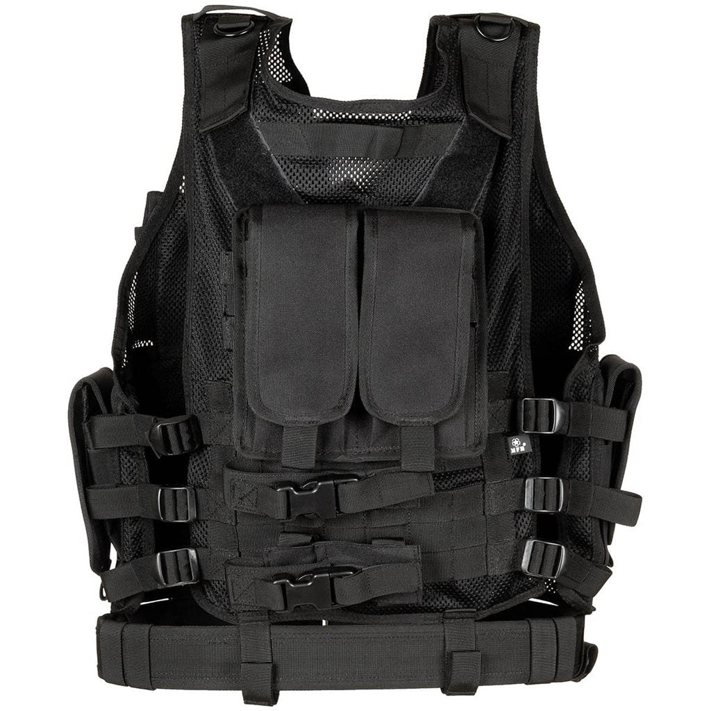 Chaleco táctico USMC negro con cinturón, poliéster resistente y múltiples bolsas para cargadores