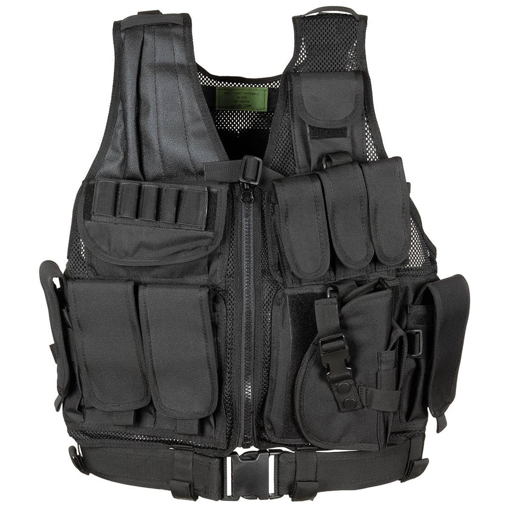 Chaleco táctico USMC negro con cinturón, poliéster resistente y múltiples bolsas para cargadores