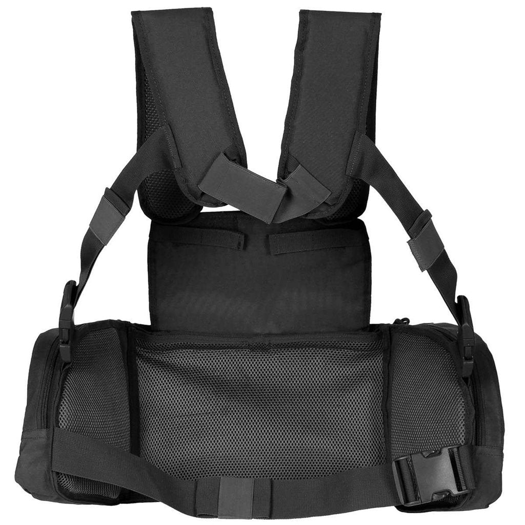 Vesta Chest Rig MISSION Negra con bolsillos fijos y sistema PALS/MOLLE, tirantes acolchados