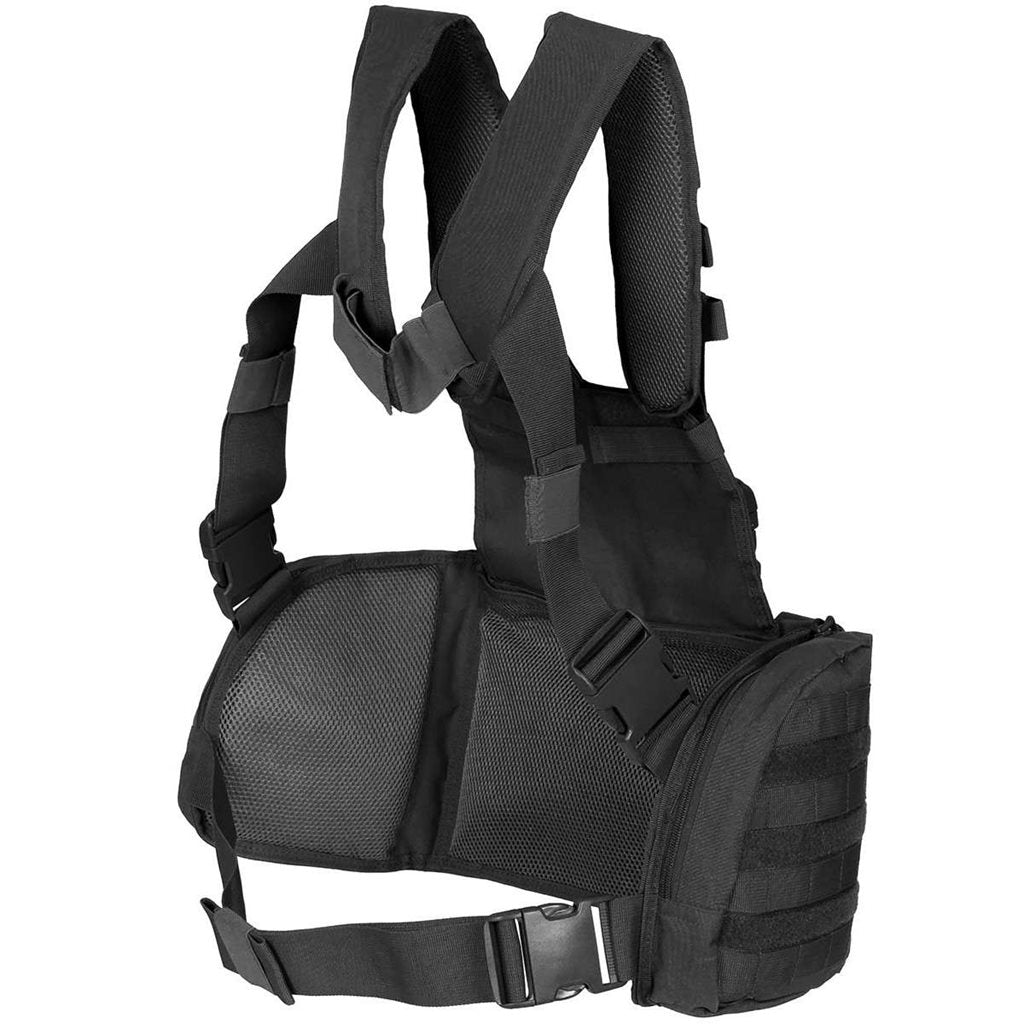 Vesta Chest Rig MISSION Negra con bolsillos fijos y sistema PALS/MOLLE, tirantes acolchados