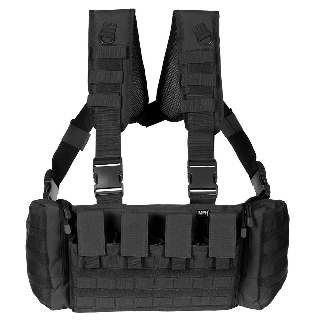 Vesta Chest Rig MISSION Negra con bolsillos fijos y sistema PALS/MOLLE, tirantes acolchados