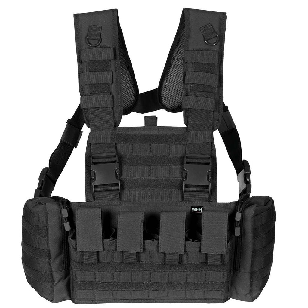 Vesta Chest Rig MISSION Negra con bolsillos fijos y sistema PALS/MOLLE, tirantes acolchados