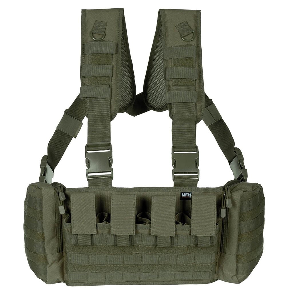 Chest Rig MISSION Negro, chaleco con bolsillos fijos y sistema PALS/MOLLE