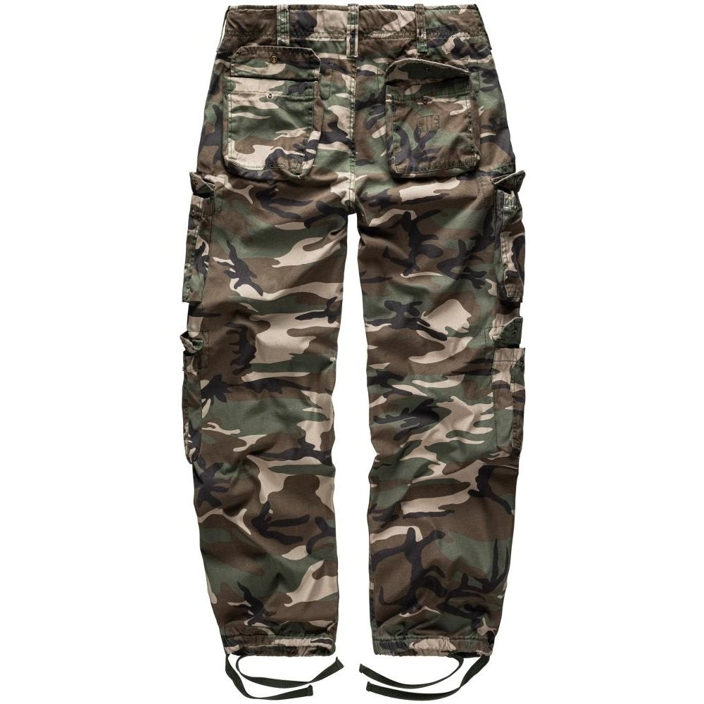 Pantalones camuflaje AIRBORNE VINTAGE WOODLAND con 8 bolsillos y rodillas anatómicas
