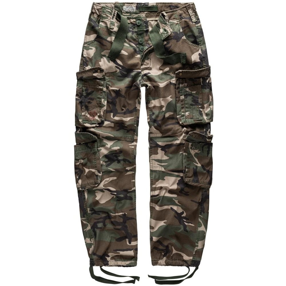 Pantalones camuflaje AIRBORNE VINTAGE WOODLAND con 8 bolsillos y rodillas anatómicas