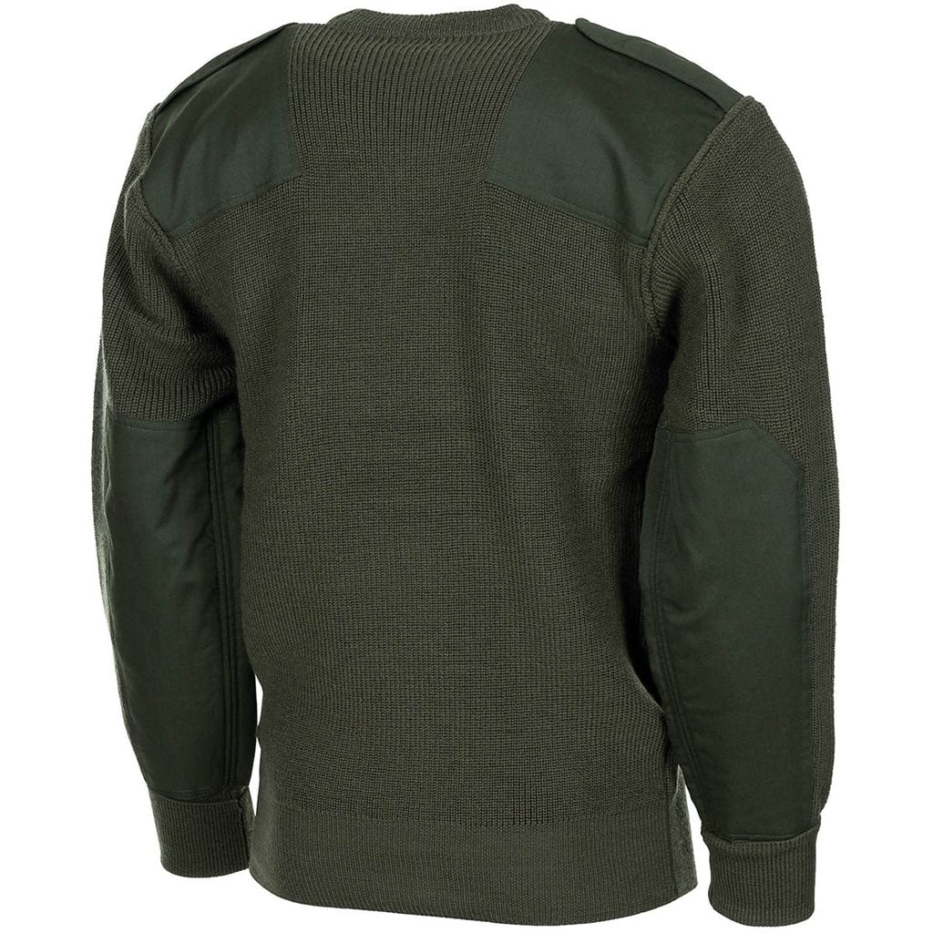 Suéter reproducción Bundeswehr verde con bolsillo en el pecho, coderas reforzadas y hombreras (80% lana, 20% acrílico)