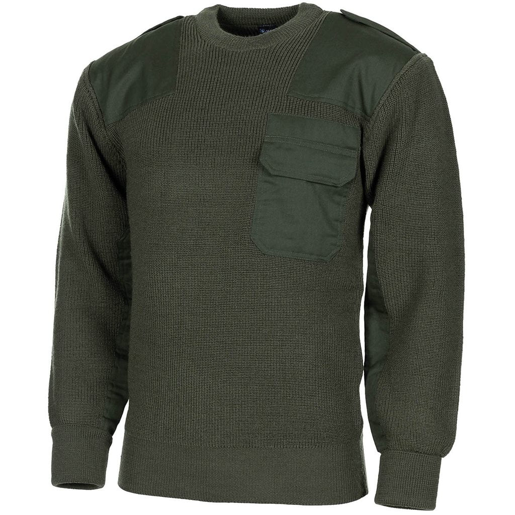 Suéter reproducción Bundeswehr verde con bolsillo en el pecho, coderas reforzadas y hombreras (80% lana, 20% acrílico)