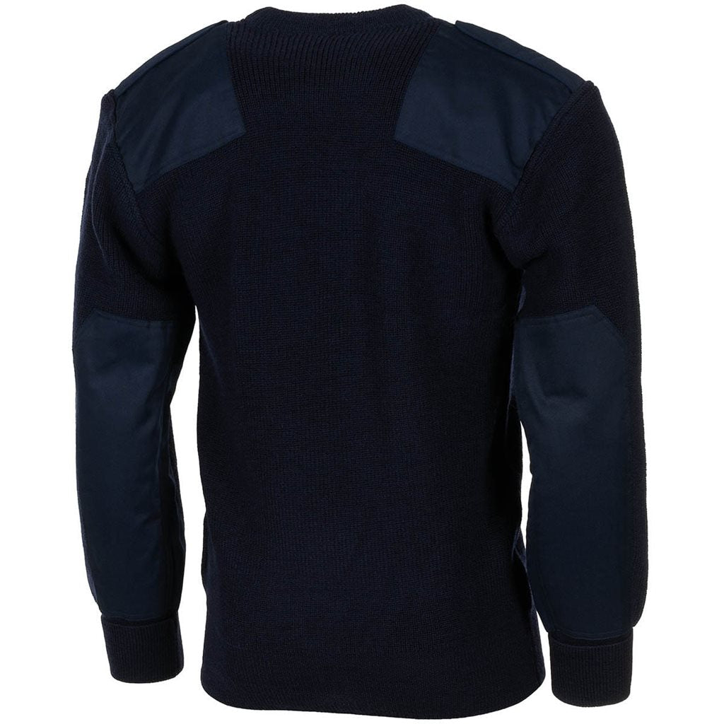 Suéter BW reproducción Bundeswehr azul con bolsillo, hombreras y refuerzos, 80% lana 20% acrílico