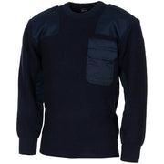 Suéter BW reproducción Bundeswehr azul con bolsillo, hombreras y refuerzos, 80% lana 20% acrílico