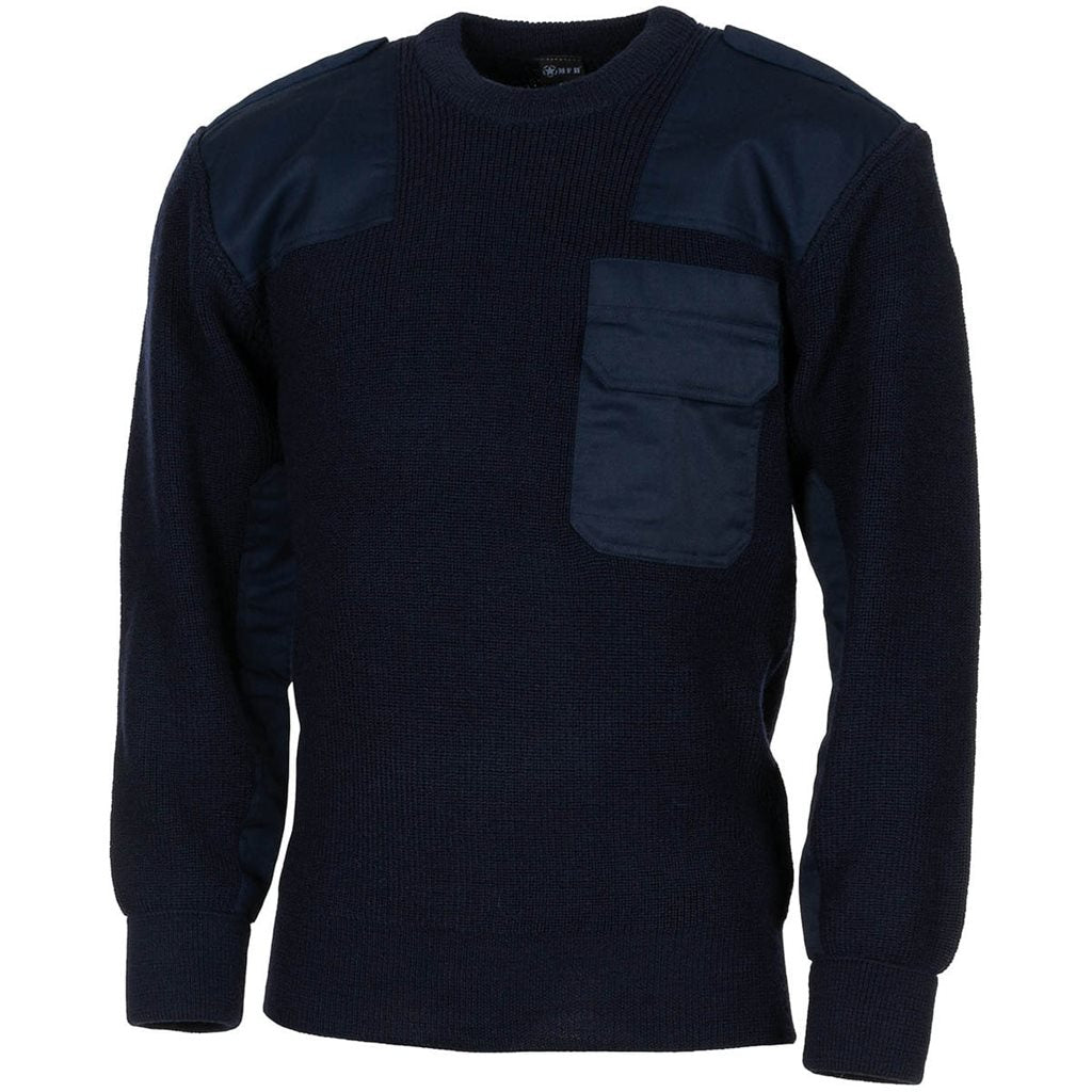 Suéter BW reproducción Bundeswehr azul con bolsillo, hombreras y refuerzos, 80% lana 20% acrílico