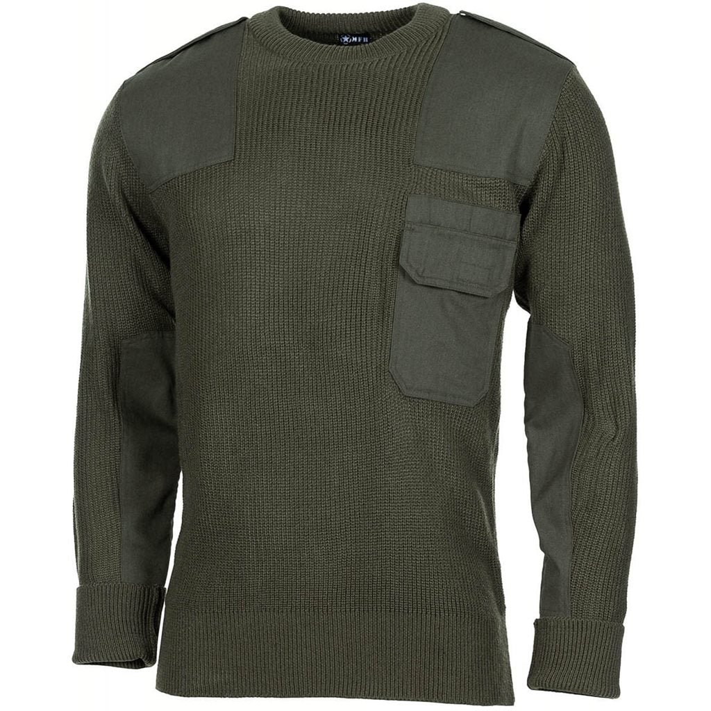 Suéter reproducción Bundeswehr verde con bolsillo en el pecho y refuerzos en codos y hombros
