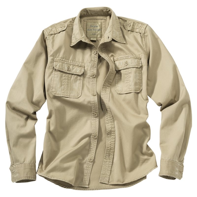 Camisa RAW VAGE manga larga khaki de algodón con bolsillos de pecho y hombreras
