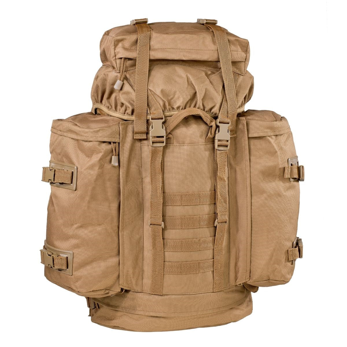 Mochila BW Mountain 80L coyote con sistema Vario-Back y acolchado en hombreras y cinturón lumbar