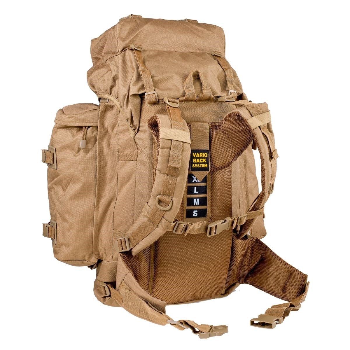 Mochila BW Mountain 80L coyote con sistema Vario-Back y acolchado en hombreras y cinturón lumbar