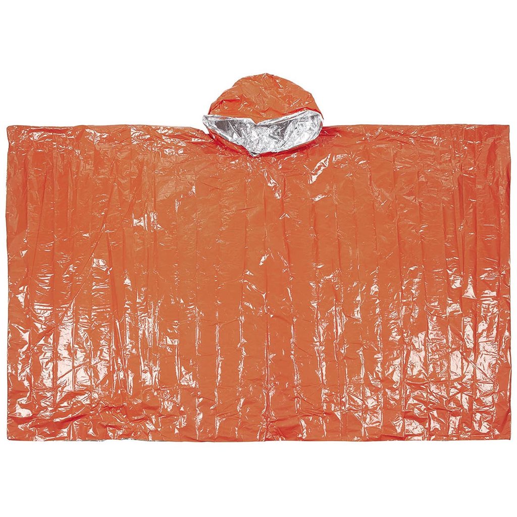 Poncho de emergencia aluminizado naranja y plata con bolsa y silbato