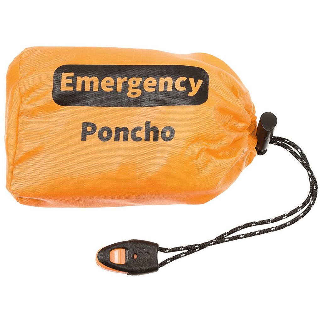 Poncho de emergencia aluminizado naranja y plata con bolsa y silbato
