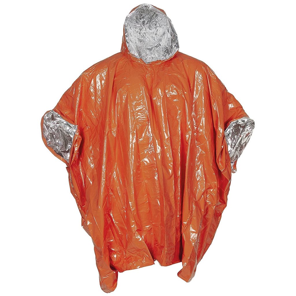 Poncho de emergencia aluminizado naranja y plata con bolsa y silbato