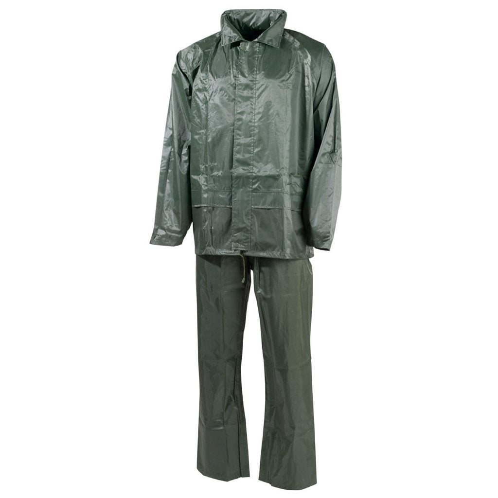 Conjunto impermeable verde: chaqueta con capucha y pantalón 100% poliéster