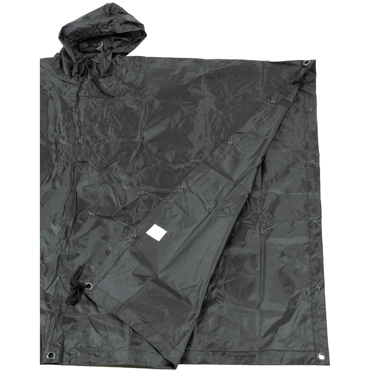 Poncho US rip-stop 144x223 cm negro, impermeable con capucha ajustable y costuras selladas