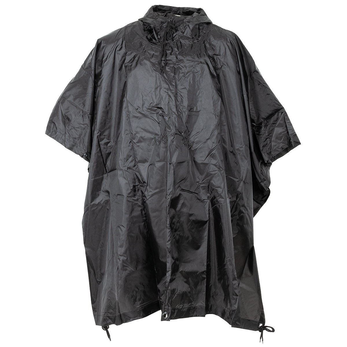Poncho US rip-stop 144x223 cm negro, impermeable con capucha ajustable y costuras selladas