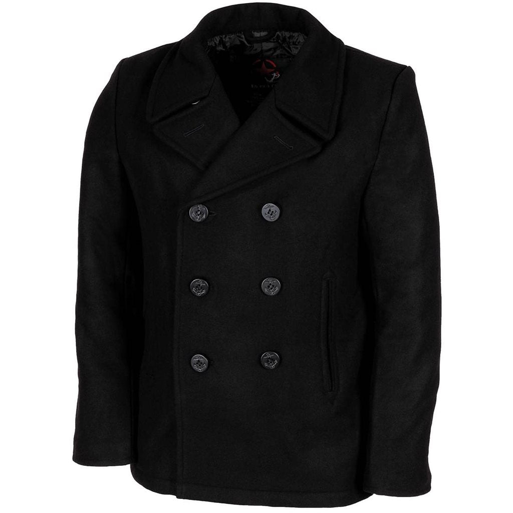 Abrigo Pea Coat negro de lana con doble botonadura y botones con motivo de ancla
