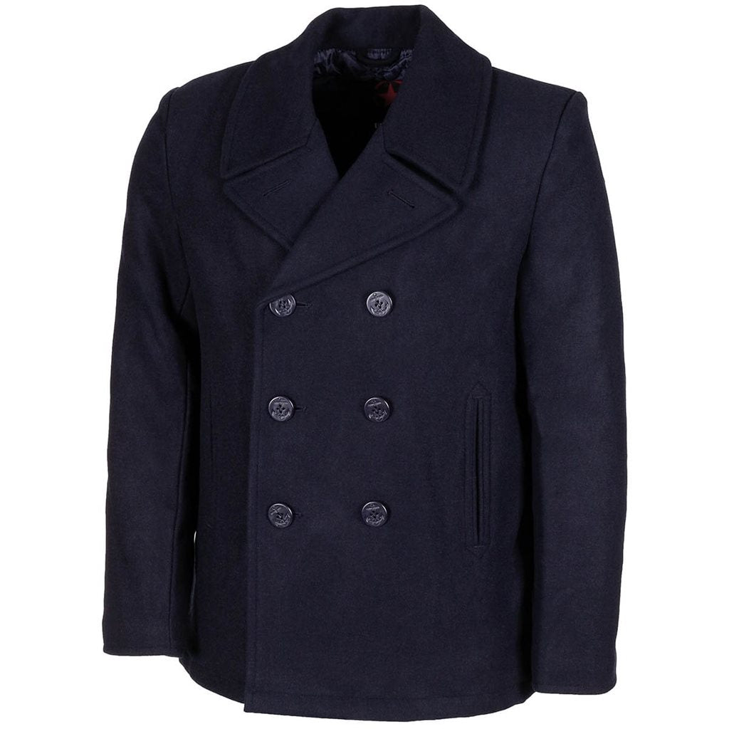 Abrigo Pea Coat US de lana azul con doble botonadura y botones con motivo de ancla
