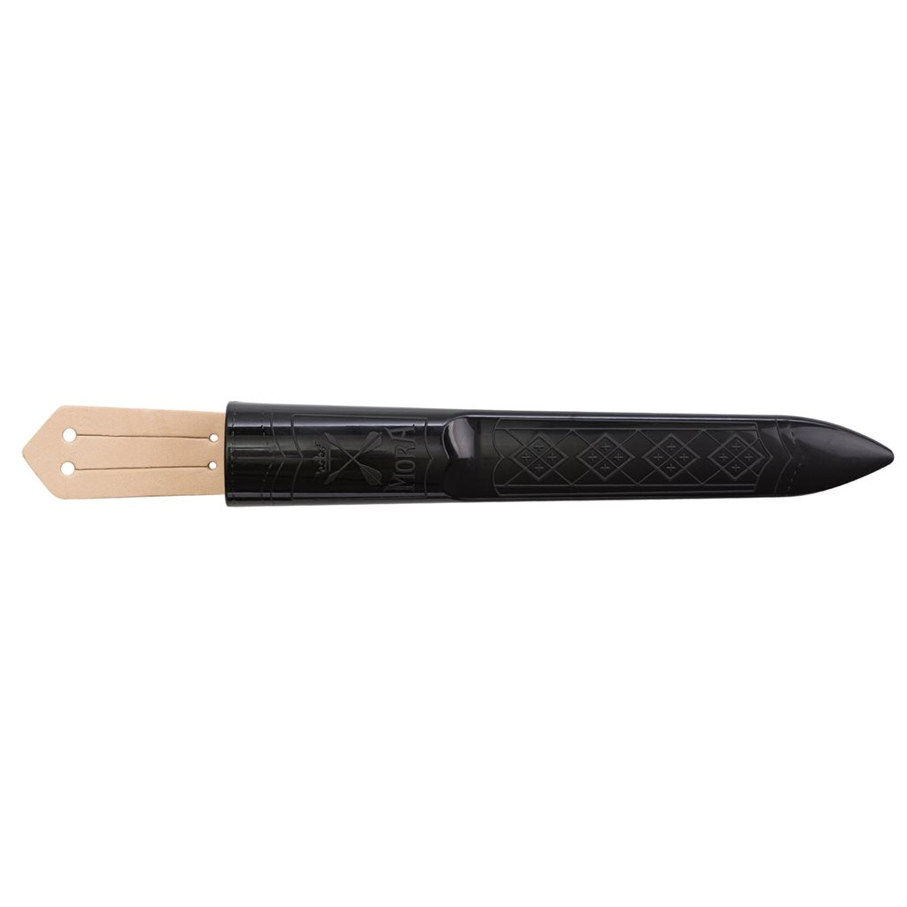 Cuchillo fijo MORA CLASSIC No.3 rojo con hoja larga de acero alto carbono, mango de abedul y funda plastica con trabilla de cuero
