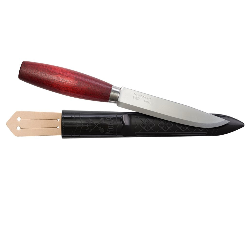 Cuchillo fijo MORA CLASSIC No.3 rojo con hoja larga de acero alto carbono, mango de abedul y funda plastica con trabilla de cuero