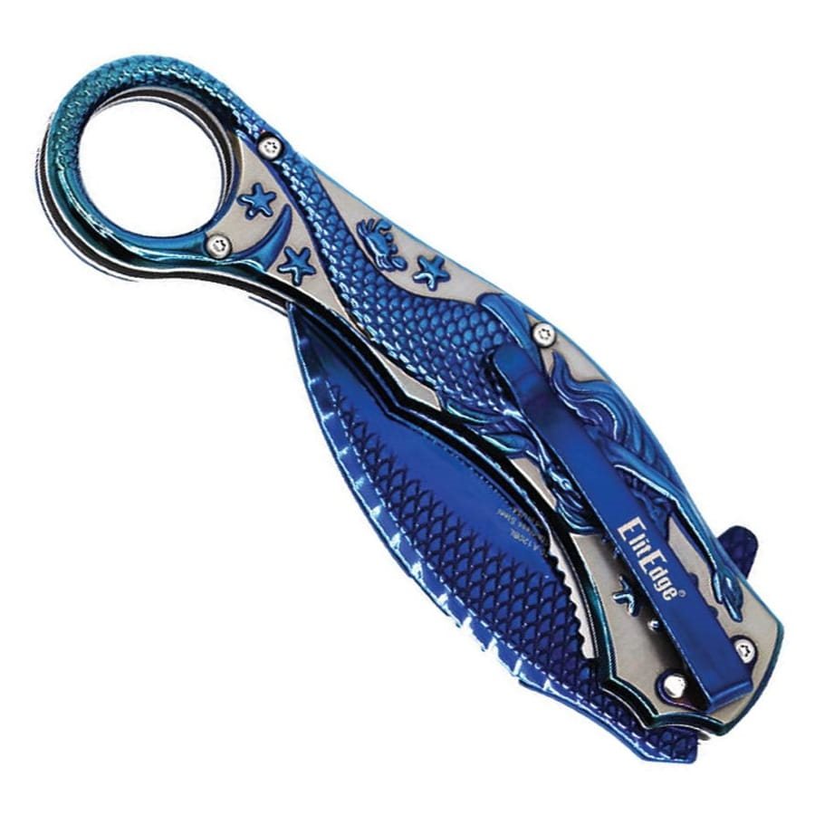 Navaja plegable karambit MERMAID azul con ilustración de sirena en la empuñadura y textura de escamas en la hoja