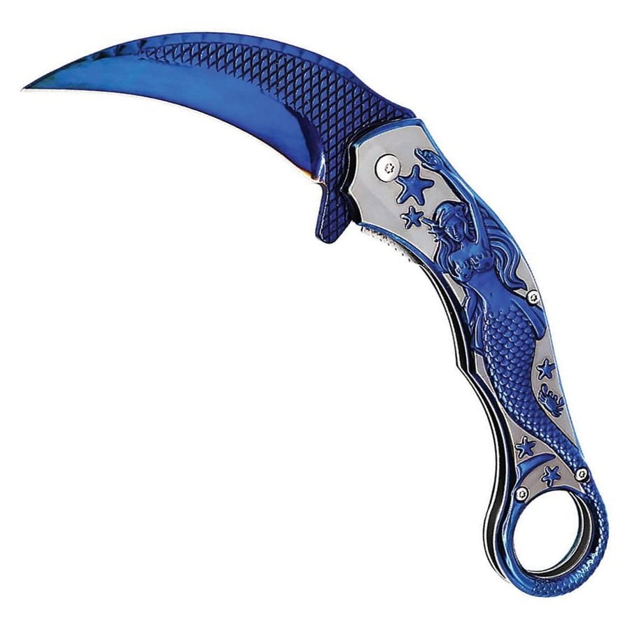 Navaja plegable karambit MERMAID azul con ilustración de sirena en la empuñadura y textura de escamas en la hoja