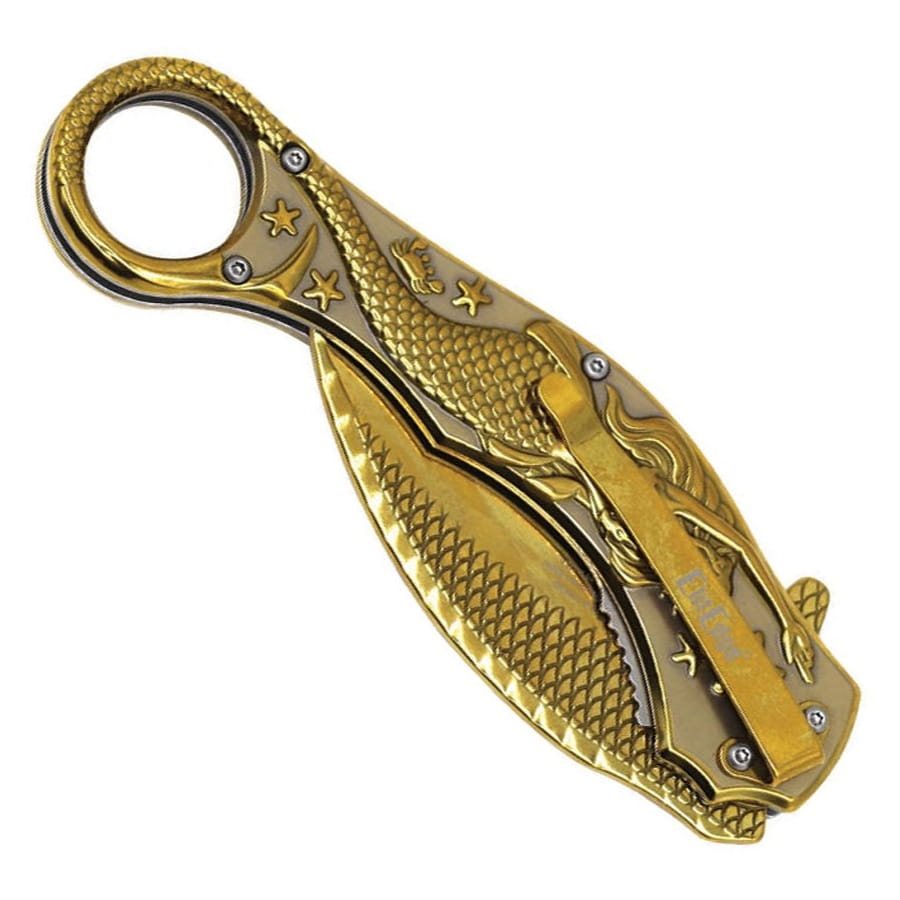 Navaja plegable karambit MERMAID azul con ilustración de sirena en la empuñadura y textura de escamas en la hoja