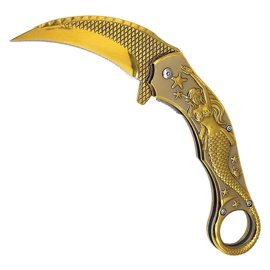 Navaja plegable karambit MERMAID azul con ilustración de sirena en la empuñadura y textura de escamas en la hoja
