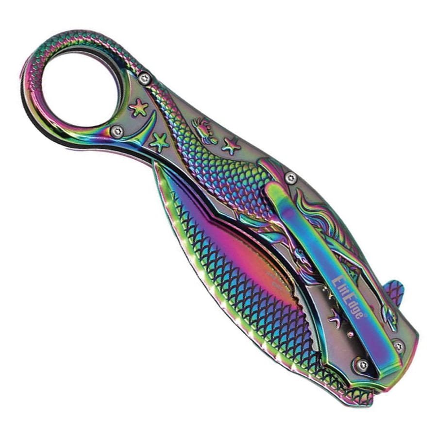 Navaja plegable karambit MERMAID azul con ilustración de sirena en la empuñadura y textura de escamas en la hoja