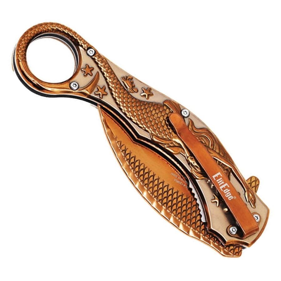 Navaja plegable karambit MERMAID azul con ilustración de sirena en la empuñadura y textura de escamas en la hoja