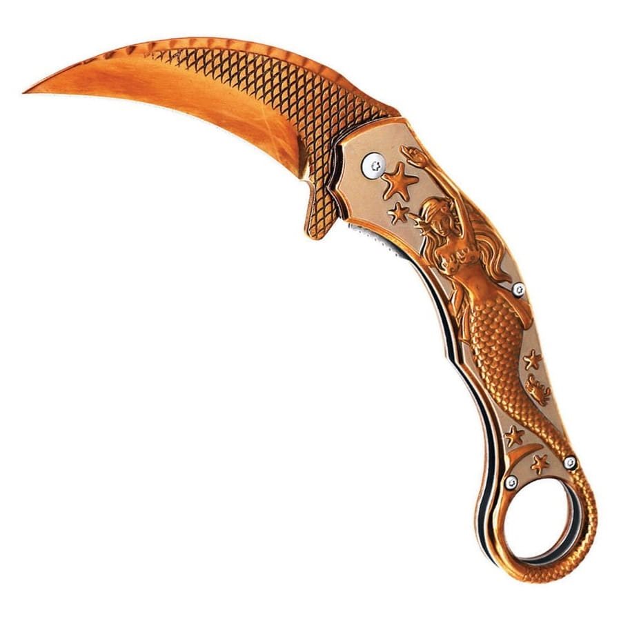 Navaja plegable karambit MERMAID azul con ilustración de sirena en la empuñadura y textura de escamas en la hoja