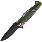 Navaja plegable FIGHTER PLANE estilo P-40 Warhawk, hoja negra de filo liso, apertura asistida, flipper y bloqueo LinerLock