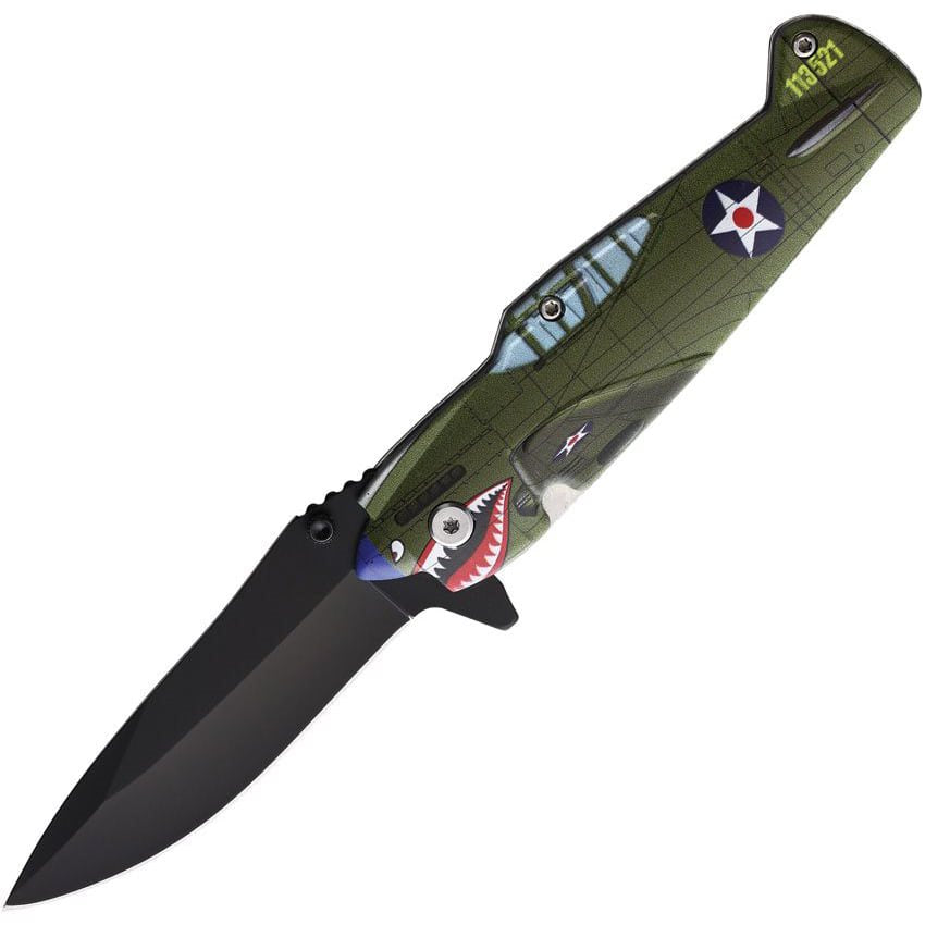 Navaja plegable FIGHTER PLANE estilo P-40 Warhawk, hoja negra de filo liso, apertura asistida, flipper y bloqueo LinerLock