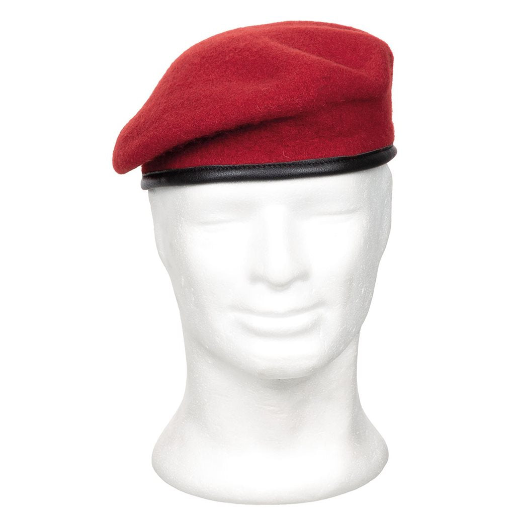 Baret COMMANDO coral rojo, 100% lana, forro 100% algodón y ribete de cuero