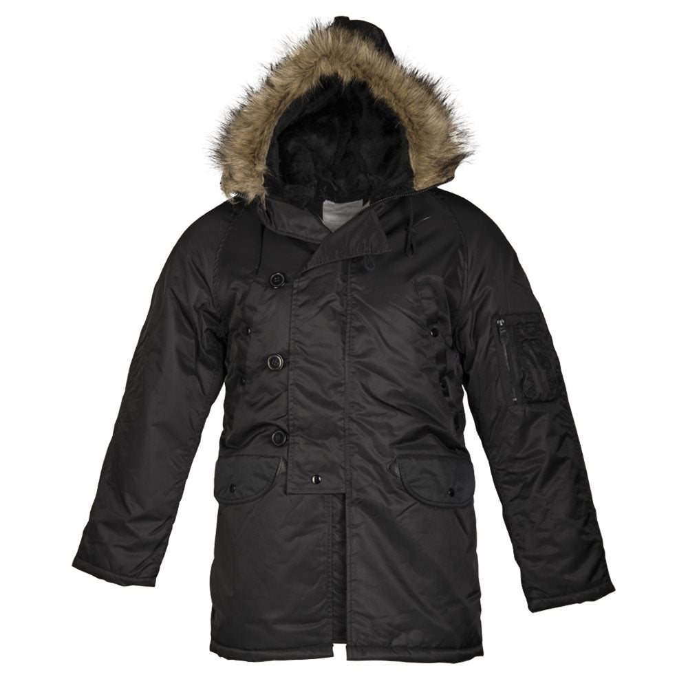Chaqueta piloto US N-3B larga negra con capucha y forro interior