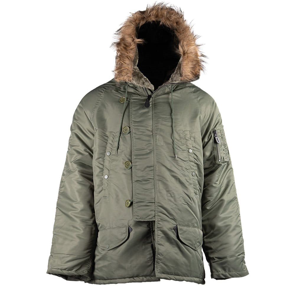 Chaqueta US N-3B piloto larga verde con forro, puños y bajo con ribete elástico y cremallera metálica
