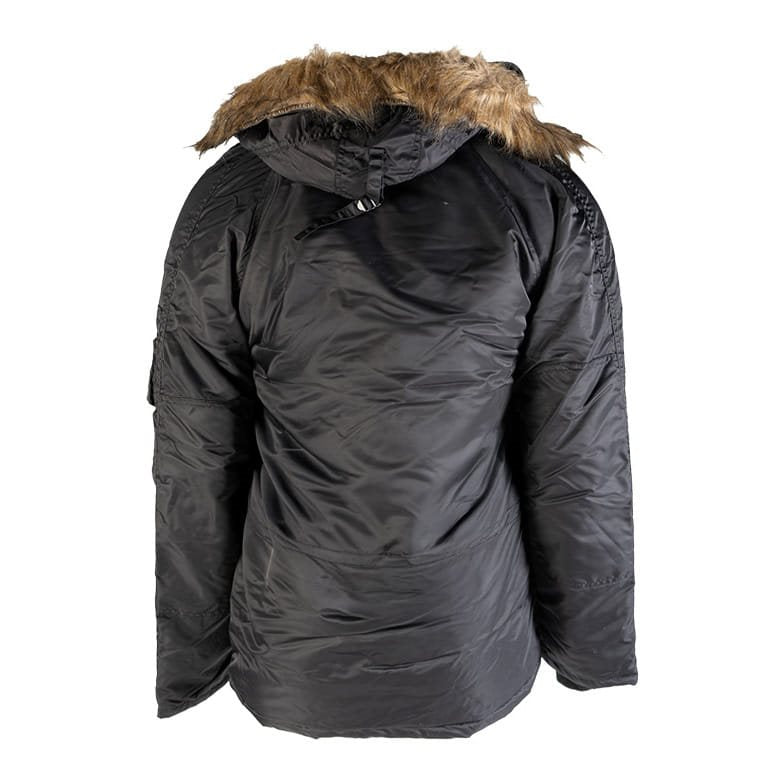 Chaqueta US piloto N-3B larga negra con forro cosido, cremallera metálica y puños y bajo de canalé