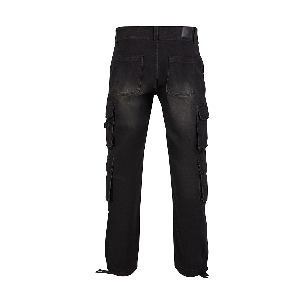 Pantalones cargo denim negros con múltiples bolsillos y cordón ajustable en los bajos
